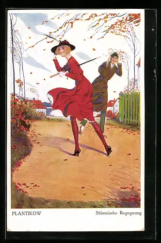 Künstler-AK Plantikow: Stürmische Begegnung, elegante Dame im Herbst