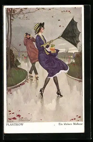 Künstler-AK Plantikow: Dame mit umgeknicktem Schirm im Herbststurm