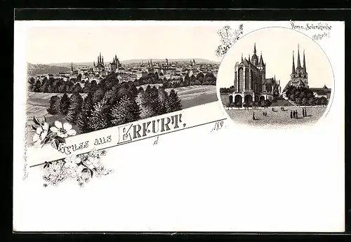 Lithographie Erfurt, Blick zum Ort, Dom u. Severikirche