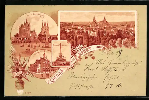 Lithographie Erfurt, Rathaus, Monumental-Brunnen, Dom und Severinkirche