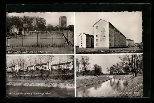 AK Karlsruhe, Strassenzug mit Mühlburger Feld, Camping-Platz beim Gasthaus Kühlen Krug