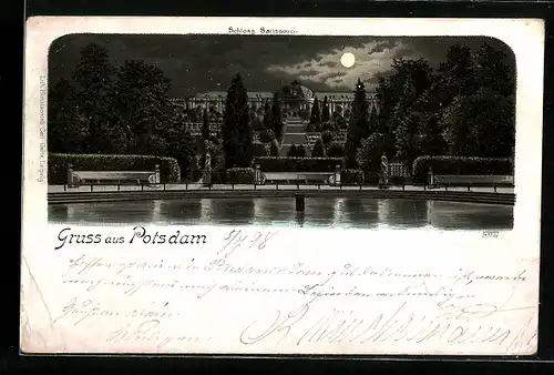 Lithographie Potsdam, Schloss Sanssouci mit Brunnen und Treppenaufgang, Terrassen