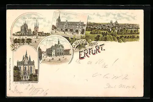 Lithographie Erfurt, Rathaus, Dom und Severikirche