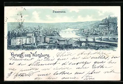 Lithographie Würzburg, Panorama aus der Vogelschau