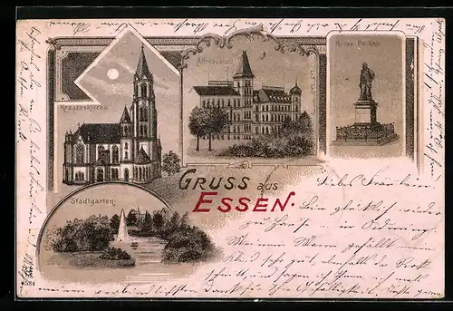 Mondschein-Lithographie Essen, Kreuzeskirche, Stadtgarten, Krupp Denkmal