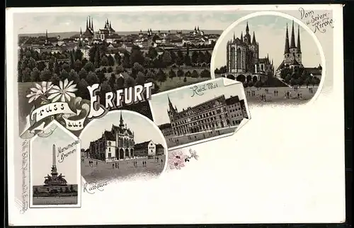 Lithographie Erfurt, Kaisl. Post, Rathaus, Dom u. Severikirche