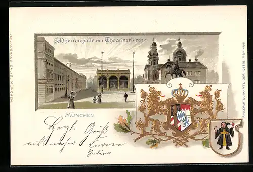Passepartout-Lithographie München, Wappen von Bayern und München und Feldherrenhalle mit Thearinerkirche