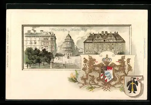 Passepartout-Lithographie München, Strassenpartie am Karlsplatz, Wappen