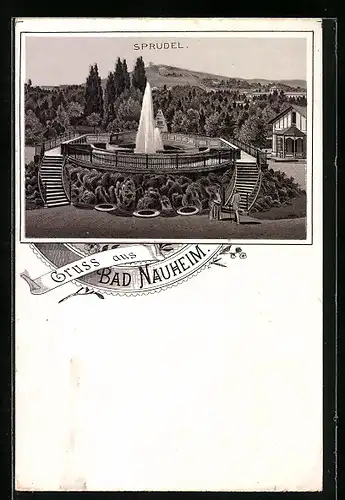 Lithographie Bad Nauheim, Blick auf Sprudel