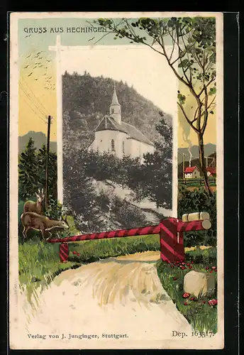 Passepartout-Lithographie Hechingen, Blick auf die Kirche