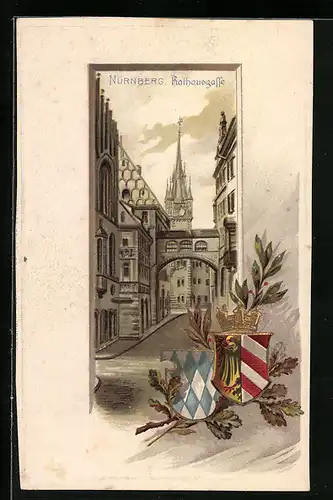 Passepartout-Lithographie Nürnberg, Rathausgasse, Wappen