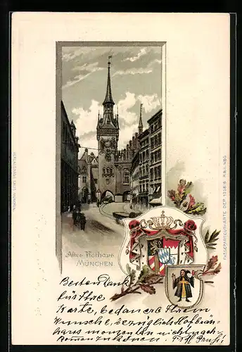 Passepartout-Lithographie München, Strassenpartie am alten Rathaus, Wappen