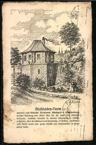 Lithographie Nürnberg, Am Alcibiades-Turm, Heim der Freimaurer-Gesellschaft