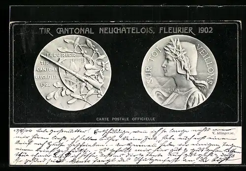 AK Fleurier, Tir Cantonal Neuchatelois 1902, Münzen mit Prägung Sur toi Veillons
