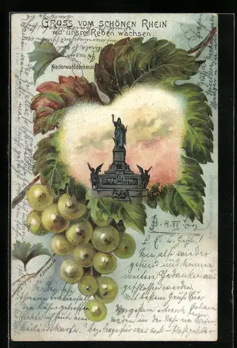 Passepartout-Lithographie Niederwalddenkmal im Weinblatt mit Weinrebe