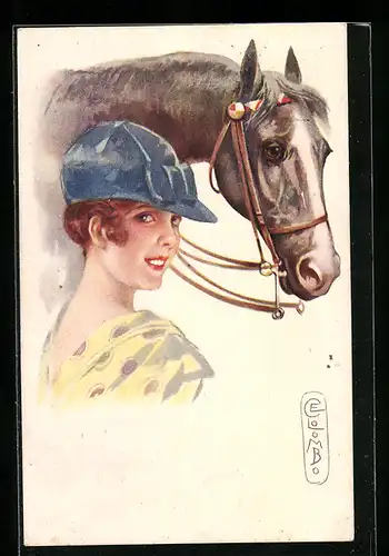 Künstler-AK E. Colombo: Reiterin mit Helm und Pferd