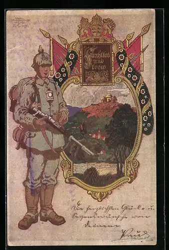 Künstler-AK Soldat in Feldgrau, Regiment Nr. 119, Furchtlos und Treu, Blick auf einen Ort