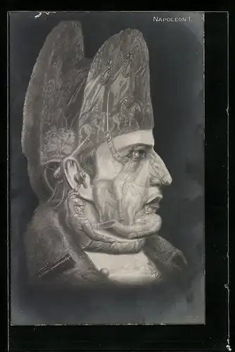 AK Metamorphose, Bilder aus seinem Leben spiegeln sich im Antlitz des Kaisers Napoleon I.