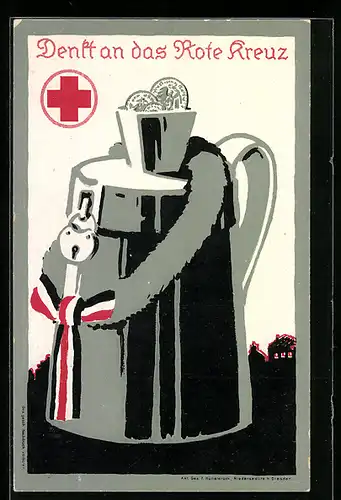 Künstler-AK Denkt an das Rote Kreuz, Bierkrug mit Kranz und Münzen