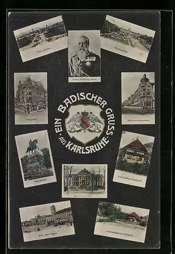 AK Karlsruhe, Hofapotheke, Kaiserstrasse, Schwarzwaldhaus im Stadtgraben, Markt und Rathaus