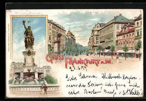 Lithographie Frankfurt a. Main, Die Zeil und Schützen-Brunnen