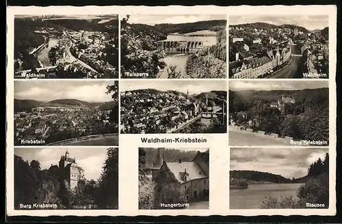 AK Waldheim-Kriebstein, Ortsansicht Waldhein und Kriebstein, Talsperre, Hungerturm Stausee und Burg