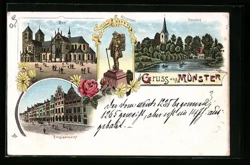 Lithographie Münster, Dom, Handorf und Prinzipalmarkt