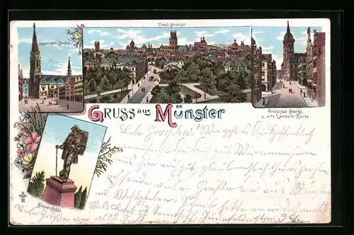 Lithographie Münster, Lambertikirche, Kiepenkähl, Prinzipal-Markt