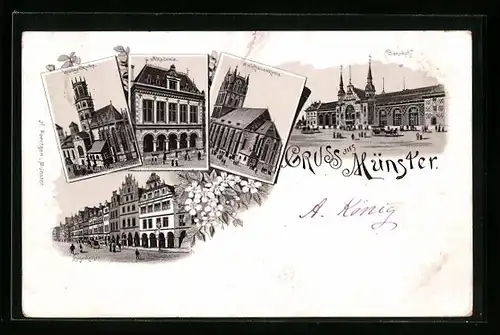 Lithographie Münster, Bahnhof, Akademie und Liebfrauenkirche