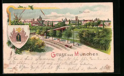 Lithographie München, Gruss mit Totalansicht und Wappen