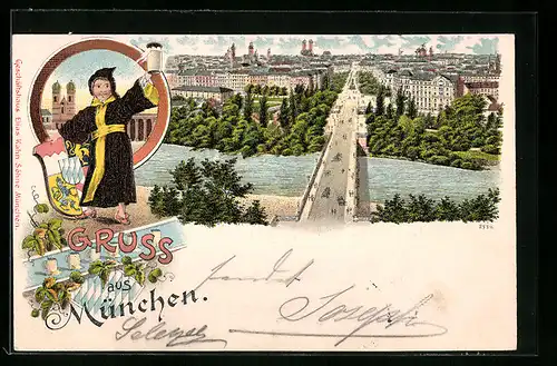 Lithographie München, Totalansicht, Münchner Kindl mit Wappen und Bier