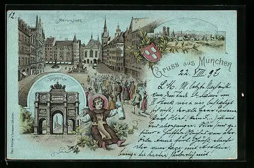 Lithographie München, Marienplatz, Siegesthor, Münchner Kindl