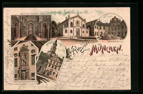 Lithographie München, Allerheiligen-Hofkirche, Wittelsbach-Brunnen und Patrona Bavariae der alten Residenz