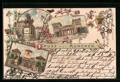 Lithographie München, Denkmal König Ludwig I., Propyläen