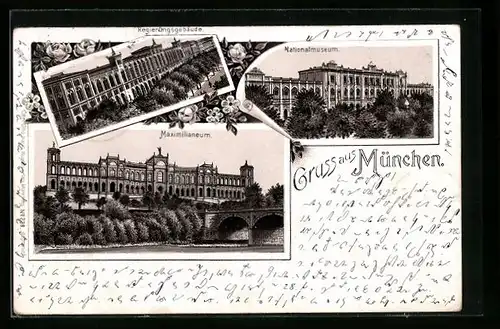 Lithographie München, Nationalmuseum, Maximilianeum, Königliches Regierungsgebäude