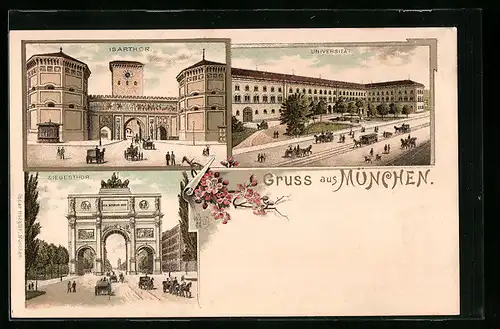 Lithographie München, Siegestor mit Pferdekutschen, Universität mit Strassenbahn, Isartor