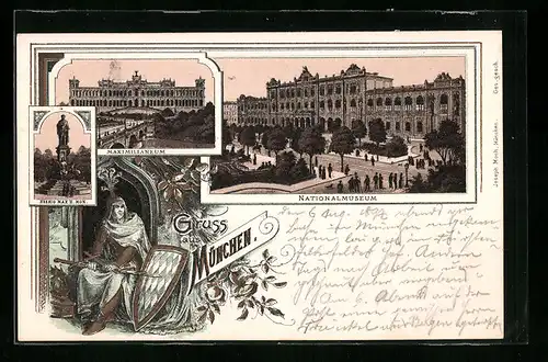 Lithographie München, Nationalmuseum, Maximilianeum