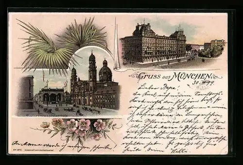 Lithographie München, Cafe Luitpold, Theatinerkirche und Feldherrenhalle