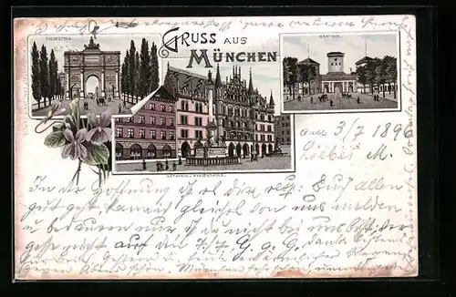 Lithographie München, Siegesthor, Rathaus & Mariensäule, Isarthor