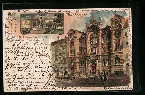 Lithographie München, Universität Vorderfront, Hinterfront Forst-Akademie, Forst-Akademie, Amalienstr.
