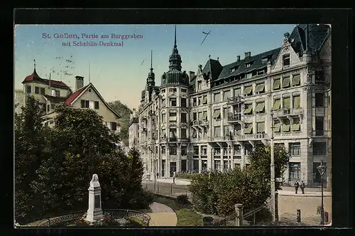 AK St. Gallen, Partie am Burggraben mit dem Scheitlin-Denkmal