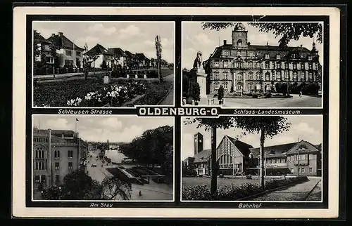 AK Oldenburg, Schleusen-Strasse, Schloss-Landesmuseum, am Stau, Bahnhof