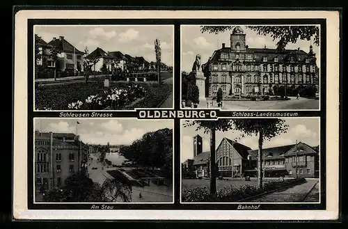 AK Oldenburg, Schleusen-Strasse, Schloss-Landesmuseum, am Stau, Bahnhof