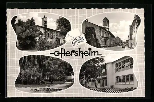 AK Oftersheim, Kirche, Schule, Park, Teilansicht