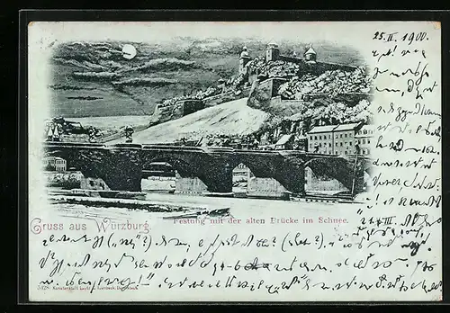 Mondschein-AK Würzburg, Festung mit alter Brücke im Schnee