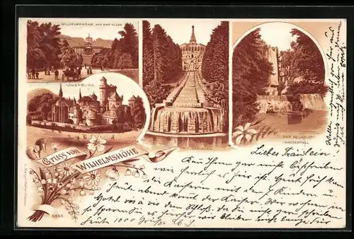 Lithographie Wilhelmshöhe, Löwenburg, Cascaden, Wasserfall