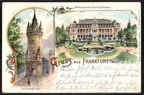 Lithographie Frankfurt a. M., Palmengarten mit Gesellschaftshaus, Eschenheimer Thor