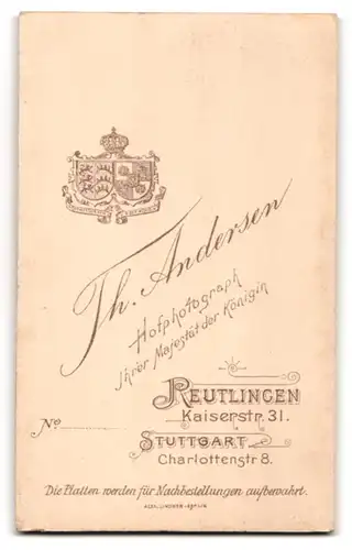 Fotografie Th. Andersen, Reutlingen, Kaiserstr. 31, Junger Herr im Anzug mit Krawatte