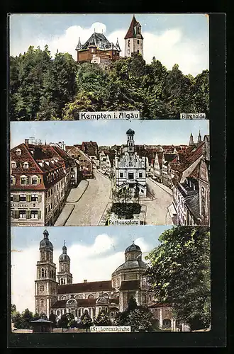 AK Kempten i. Algäu, St. Lorenzkirche, Burghalde, Rathausplatz