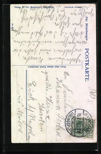 AK Treue Freunde, Mann und Pferd in einem Hufeisen, Eichenkranz, Rosen